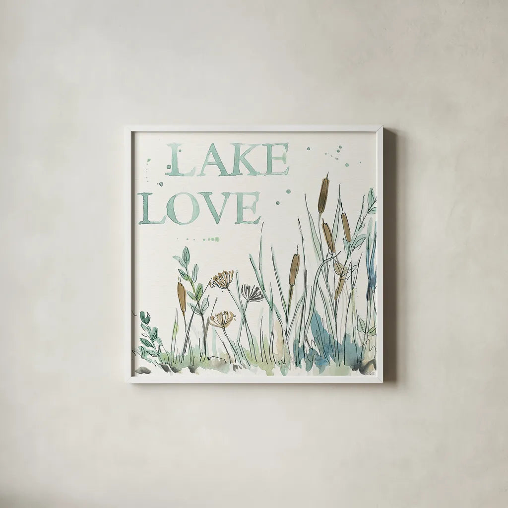 Lakehouse VI by Anne Tavoletti. Shown in a crisp white glass frame for a clean and minimalist style. Available as an archival giclee rolled canvas, fine art paper, or poster print. SKU 24227a.