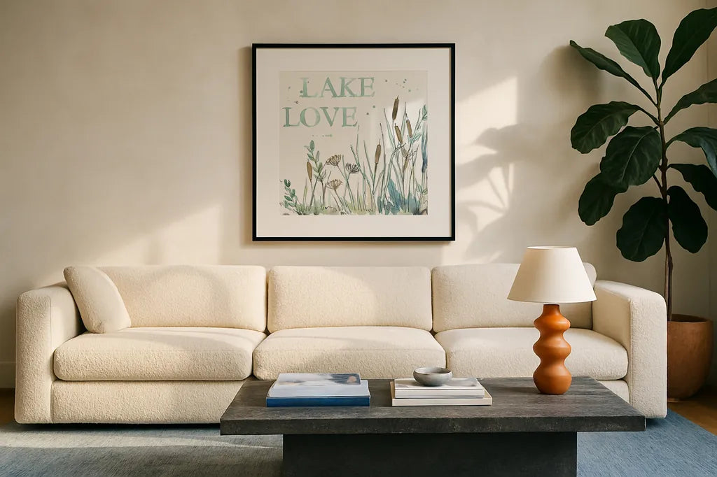 Lakehouse VI by Anne Tavoletti. Displayed in a glass frame with matte in a clean modern living room. Available as an archival giclee rolled canvas, fine art paper, or poster print. SKU 24227a.