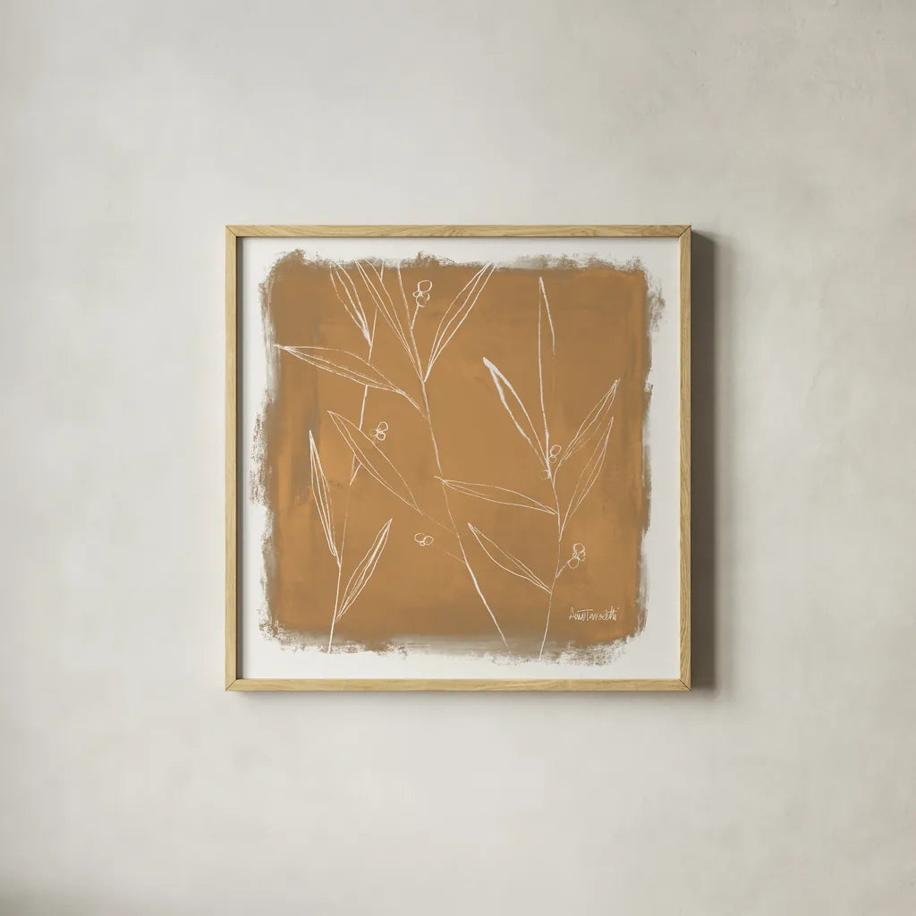 Leaf Lines I by Anne Tavoletti. Shown in a natural wood glass frame for a timeless modern aesthetic. Available as an archival giclee rolled canvas, fine art paper, or poster print. SKU 97372a.
