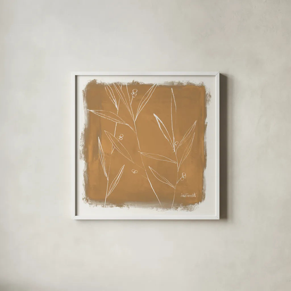 Leaf Lines I by Anne Tavoletti. Shown in a crisp white glass frame for a clean and minimalist style. Available as an archival giclee rolled canvas, fine art paper, or poster print. SKU 97372a.