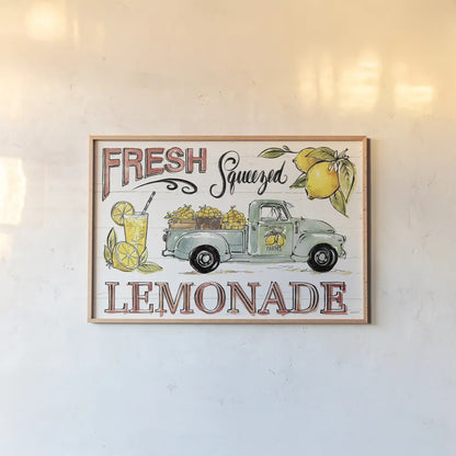 Lemonade Stand I by Anne Tavoletti. shown as a paper print in a natural frame. Available as a archival giclee rolled canvas, fine art paper, or poster print. SKU 69022i.