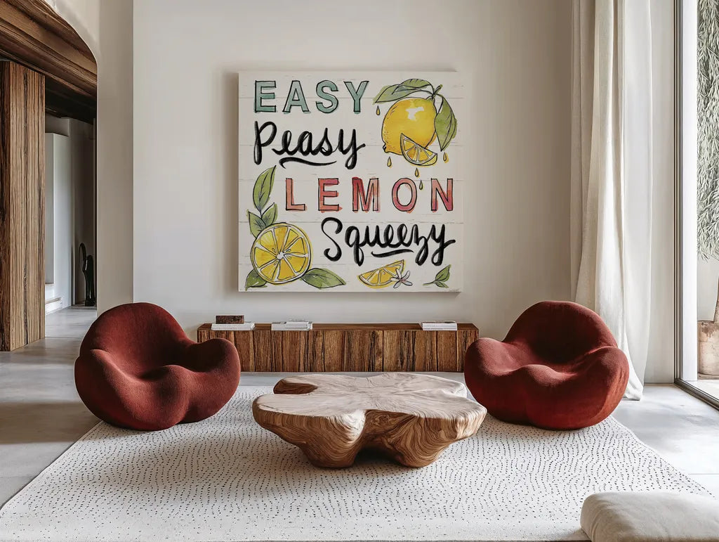 Lemonade Stand II by Anne Tavoletti. Shown as extra-large giant wall art in a modern living room. Available as an archival giclee rolled canvas, fine art paper, or poster print. SKU 69023a.