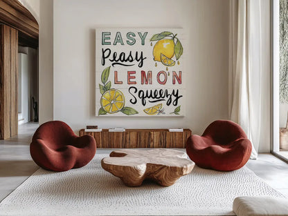 Lemonade Stand II by Anne Tavoletti. Shown as extra-large giant wall art in a modern living room. Available as an archival giclee rolled canvas, fine art paper, or poster print. SKU 69023a.