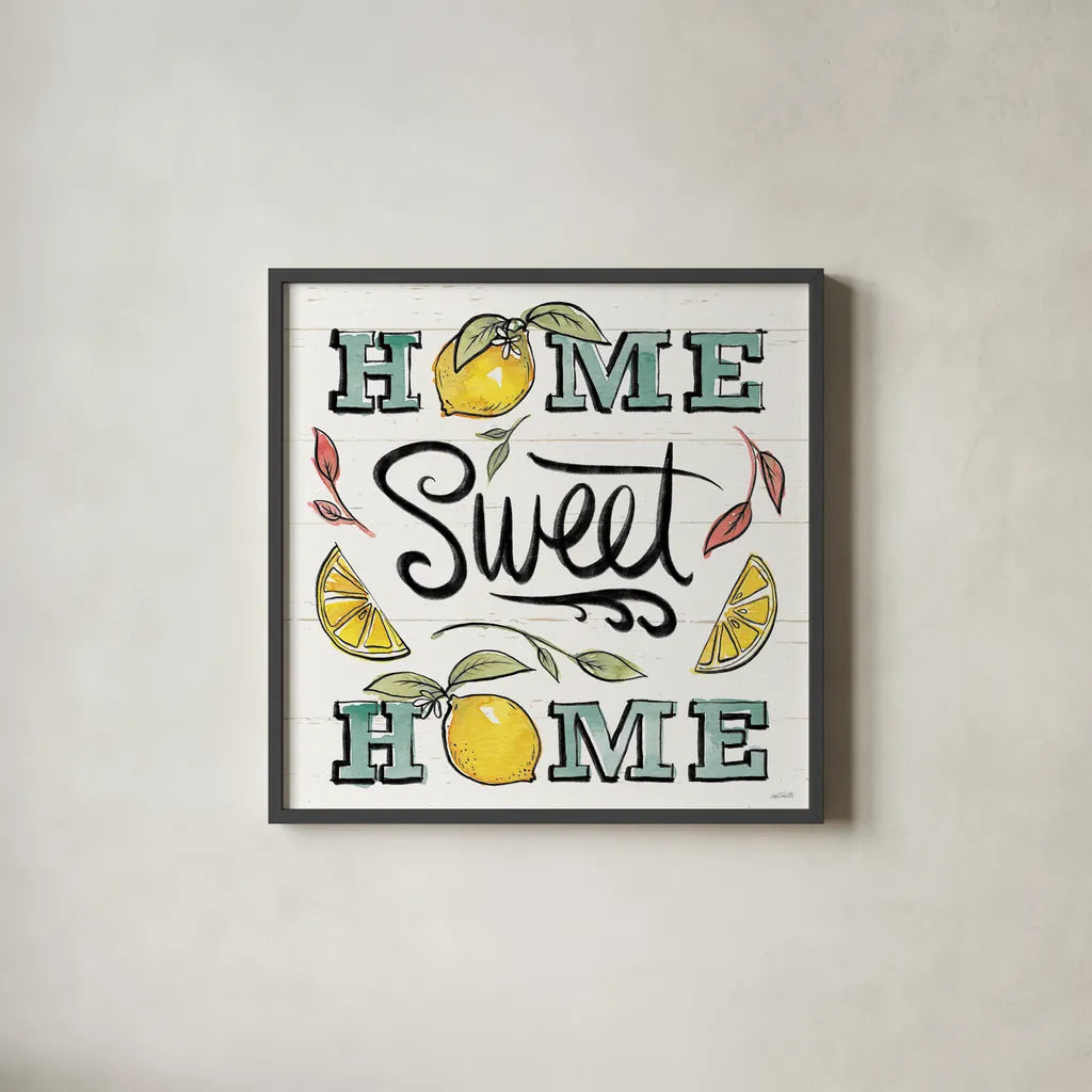 Lemonade Stand III by Anne Tavoletti. Shown in a sleek black glass frame for a contemporary gallery look. Available as an archival giclee rolled canvas, fine art paper, or poster print. SKU 69024a.