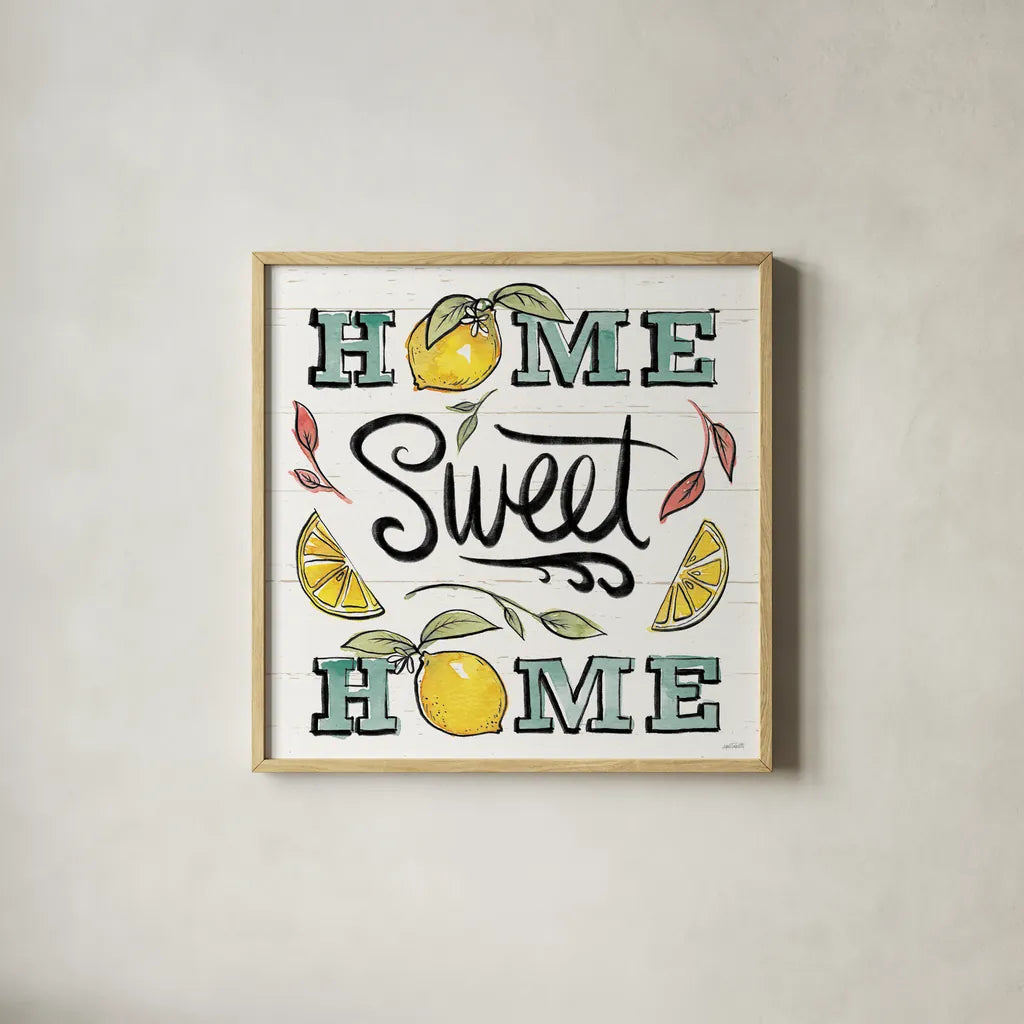 Lemonade Stand III by Anne Tavoletti. Shown in a natural wood glass frame for a timeless modern aesthetic. Available as an archival giclee rolled canvas, fine art paper, or poster print. SKU 69024a.