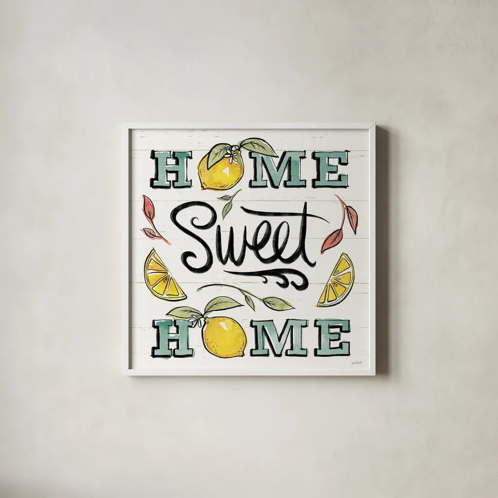 Lemonade Stand III by Anne Tavoletti. Shown in a crisp white glass frame for a clean and minimalist style. Available as an archival giclee rolled canvas, fine art paper, or poster print. SKU 69024a.