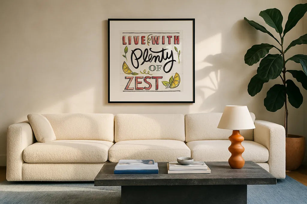 Lemonade Stand IV by Anne Tavoletti. Displayed in a glass frame with matte in a clean modern living room. Available as an archival giclee rolled canvas, fine art paper, or poster print. SKU 69025a.