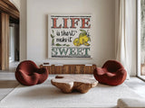 Lemonade Stand V by Anne Tavoletti. Shown as extra-large giant wall art in a modern living room. Available as an archival giclee rolled canvas, fine art paper, or poster print. SKU 69026a.
