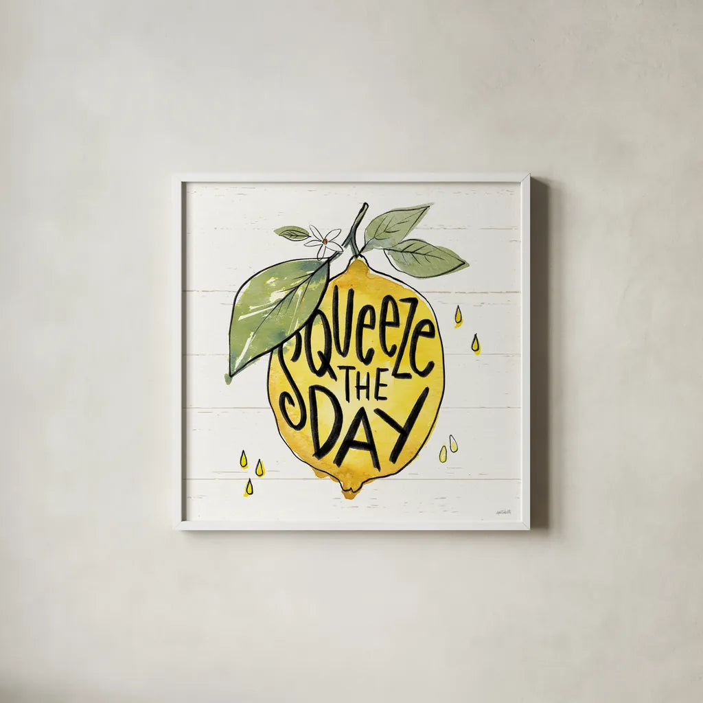 Lemonade Stand VI by Anne Tavoletti. Shown in a crisp white glass frame for a clean and minimalist style. Available as an archival giclee rolled canvas, fine art paper, or poster print. SKU 69027a.