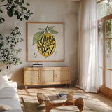 Lemonade Stand VI by Anne Tavoletti. Shown in a natural wood frame in a cozy modern living room. Available as an archival giclee rolled canvas, fine art paper, or poster print. SKU 69027a.