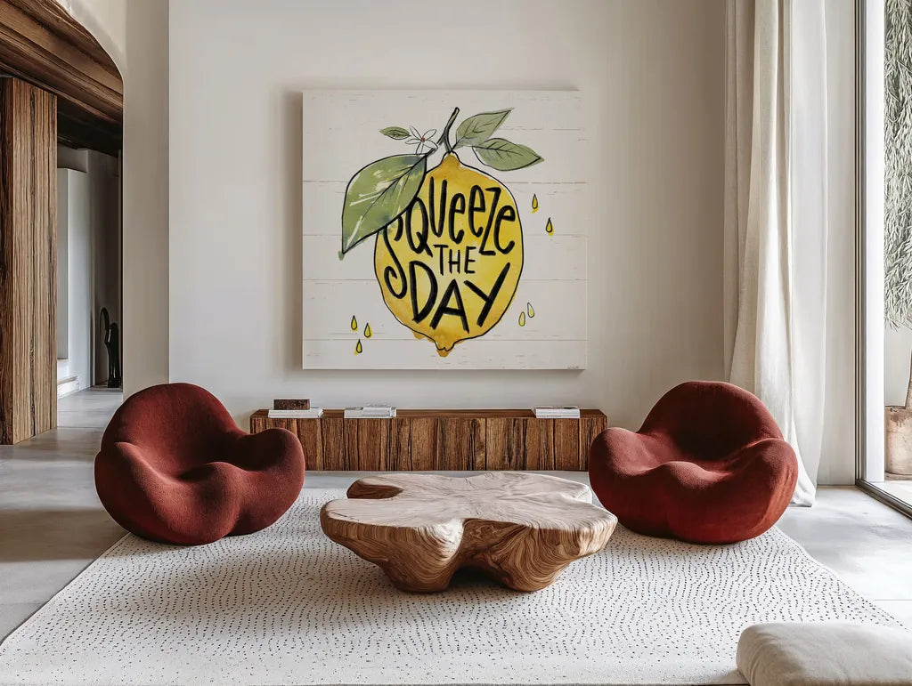 Lemonade Stand VI by Anne Tavoletti. Shown as extra-large giant wall art in a modern living room. Available as an archival giclee rolled canvas, fine art paper, or poster print. SKU 69027a.