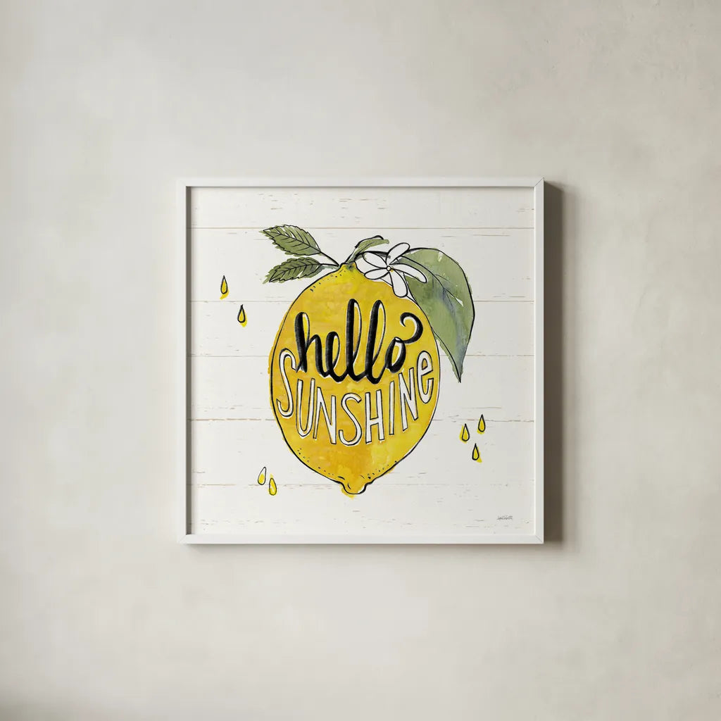 Lemonade Stand VII by Anne Tavoletti. Shown in a crisp white glass frame for a clean and minimalist style. Available as an archival giclee rolled canvas, fine art paper, or poster print. SKU 69028a.