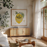 Lemonade Stand VII by Anne Tavoletti. Shown in a natural wood frame in a cozy modern living room. Available as an archival giclee rolled canvas, fine art paper, or poster print. SKU 69028a.