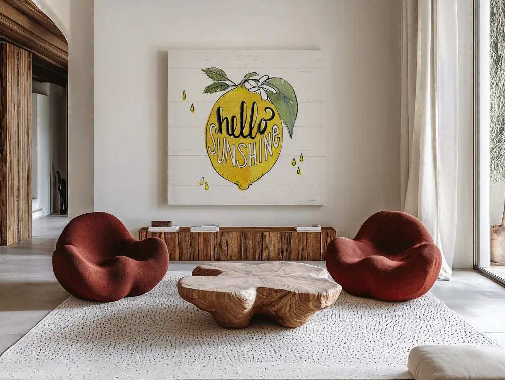 Lemonade Stand VII by Anne Tavoletti. Shown as extra-large giant wall art in a modern living room. Available as an archival giclee rolled canvas, fine art paper, or poster print. SKU 69028a.