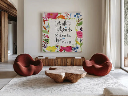 Let All That You Do Floral by Anne Tavoletti. Shown as extra-large giant wall art in a modern living room. Available as an archival giclee rolled canvas, fine art paper, or poster print. SKU 59322a.