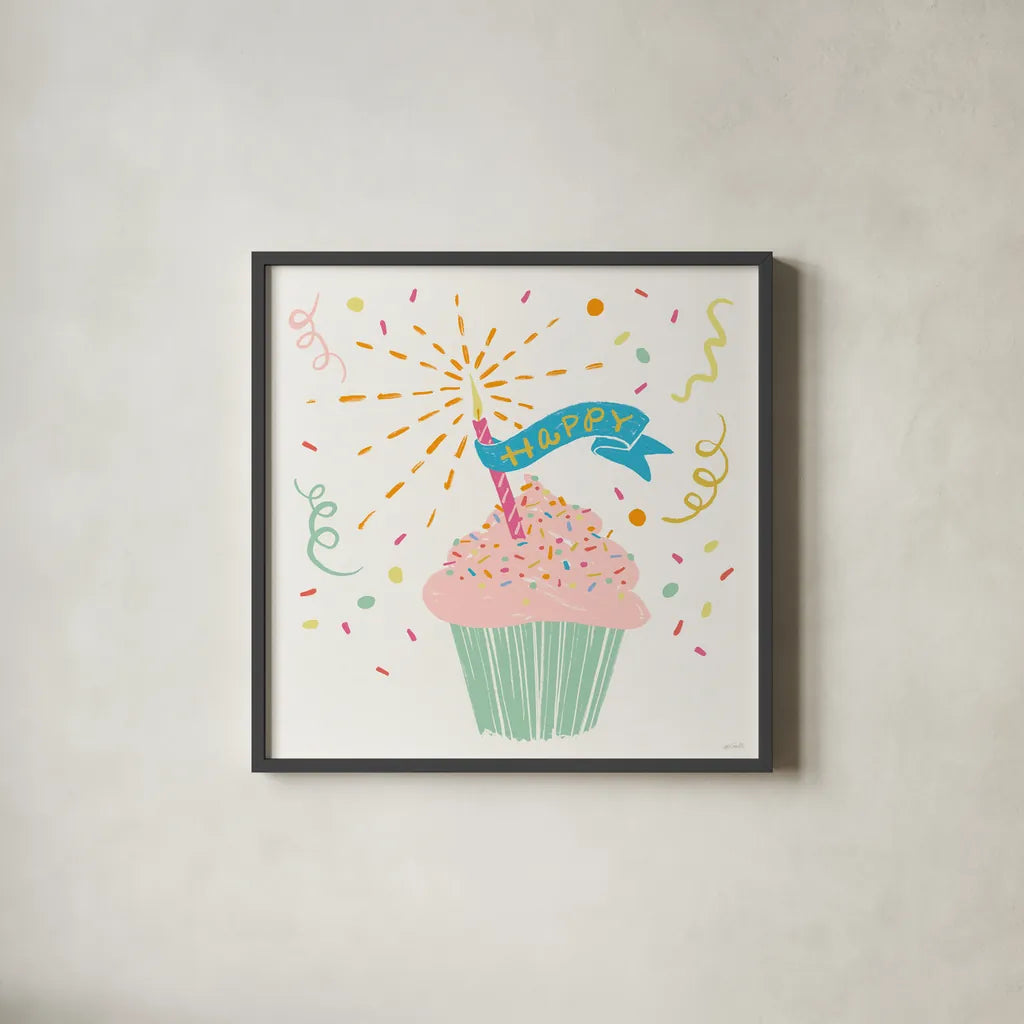 Lets Celebrate II by Anne Tavoletti. Shown in a sleek black glass frame for a contemporary gallery look. Available as an archival giclee rolled canvas, fine art paper, or poster print. SKU 87989a.