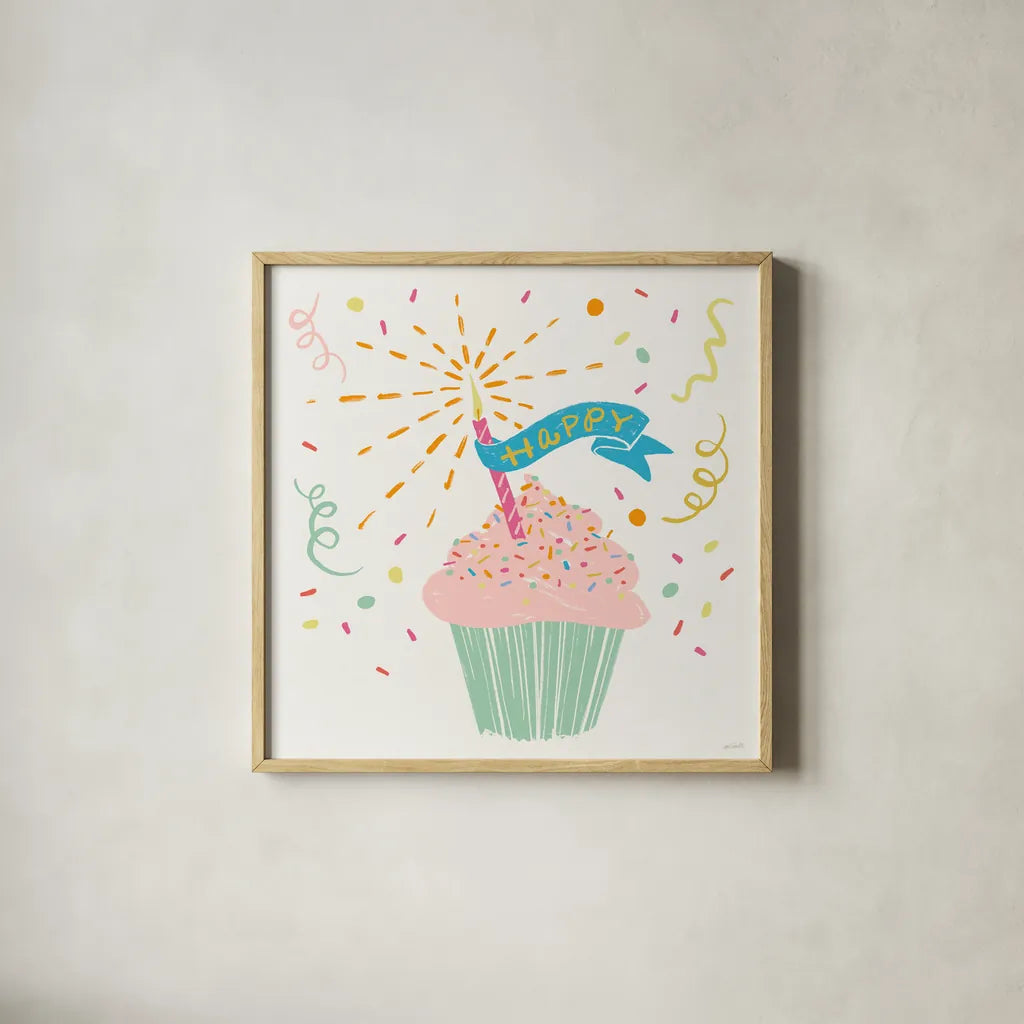 Lets Celebrate II by Anne Tavoletti. Shown in a natural wood glass frame for a timeless modern aesthetic. Available as an archival giclee rolled canvas, fine art paper, or poster print. SKU 87989a.