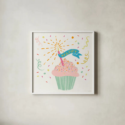 Lets Celebrate II by Anne Tavoletti. Shown in a crisp white glass frame for a clean and minimalist style. Available as an archival giclee rolled canvas, fine art paper, or poster print. SKU 87989a.
