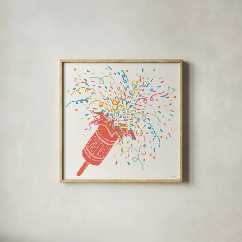 Lets Celebrate III by Anne Tavoletti. Shown in a natural wood glass frame for a timeless modern aesthetic. Available as an archival giclee rolled canvas, fine art paper, or poster print. SKU 87990a.