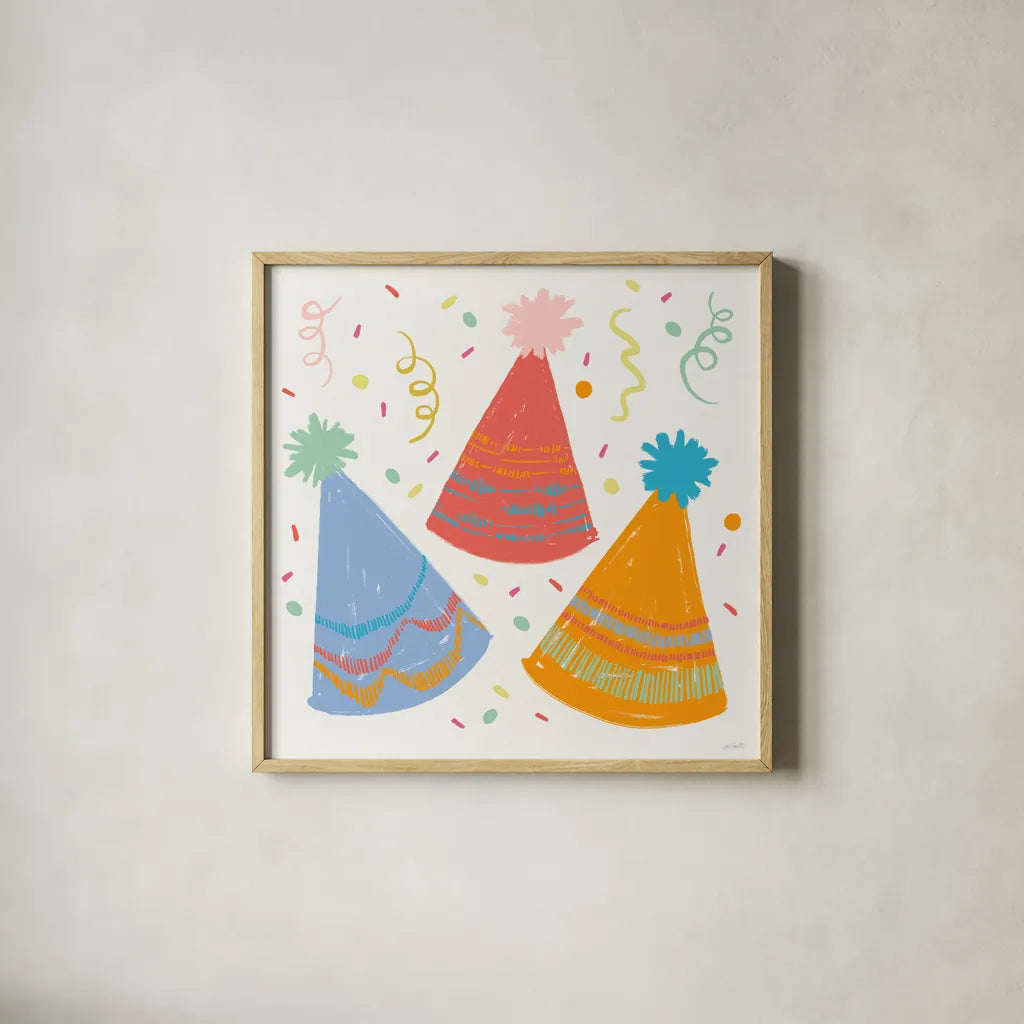 Lets Celebrate IV by Anne Tavoletti. Shown in a natural wood glass frame for a timeless modern aesthetic. Available as an archival giclee rolled canvas, fine art paper, or poster print. SKU 87991a.