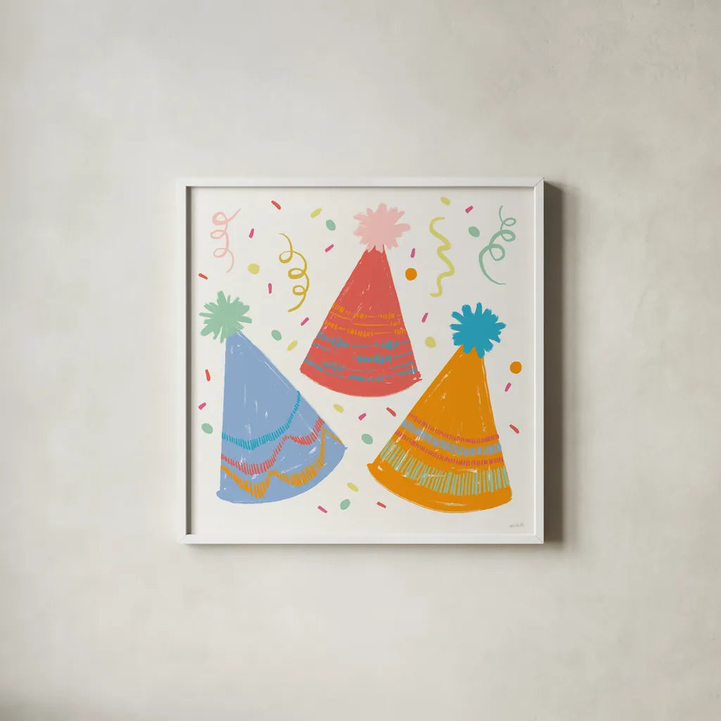 Lets Celebrate IV by Anne Tavoletti. Shown in a crisp white glass frame for a clean and minimalist style. Available as an archival giclee rolled canvas, fine art paper, or poster print. SKU 87991a.
