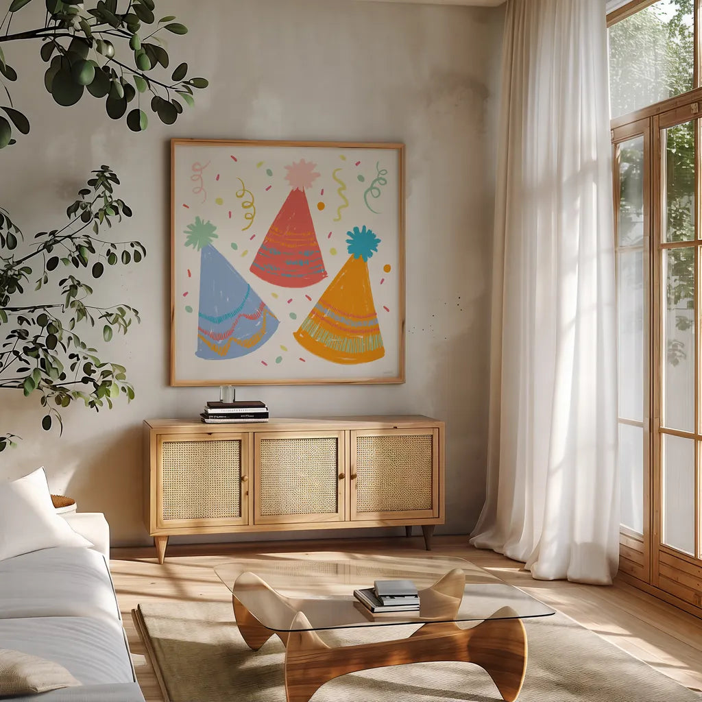 Lets Celebrate IV by Anne Tavoletti. Shown in a natural wood frame in a cozy modern living room. Available as an archival giclee rolled canvas, fine art paper, or poster print. SKU 87991a.
