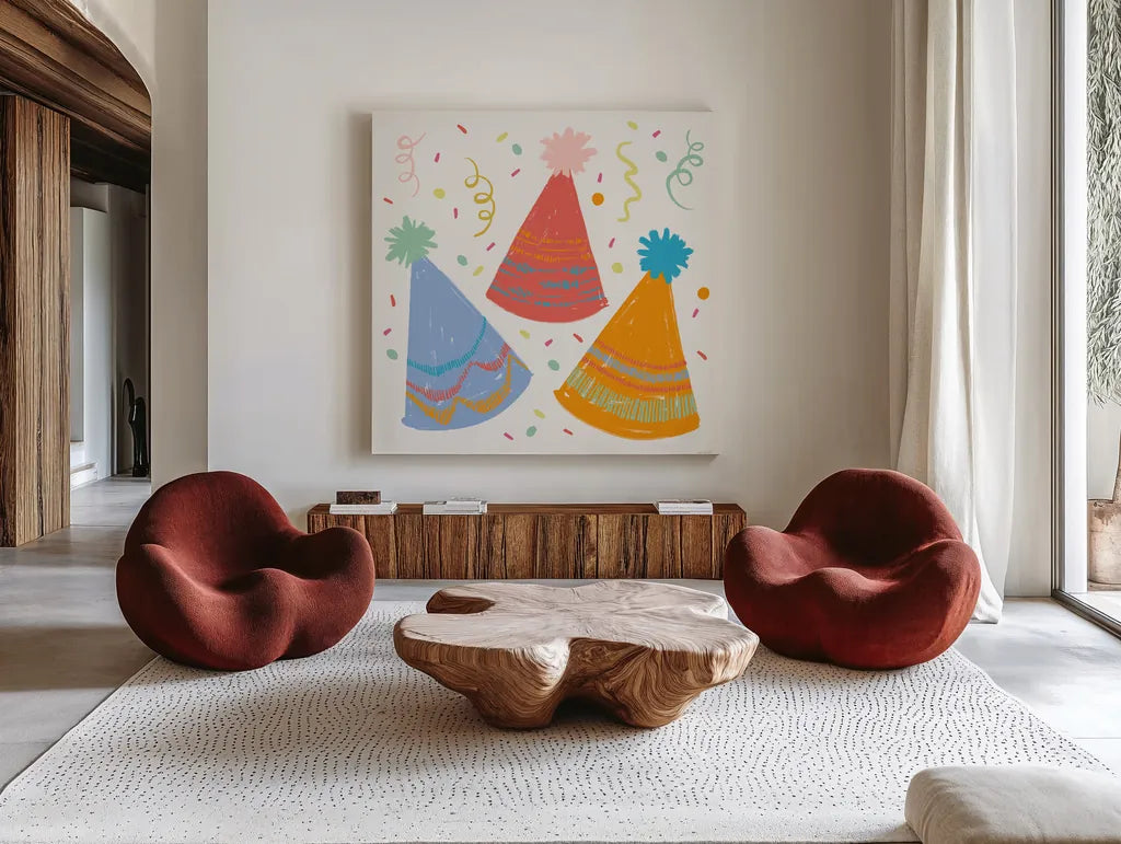 Lets Celebrate IV by Anne Tavoletti. Shown as extra-large giant wall art in a modern living room. Available as an archival giclee rolled canvas, fine art paper, or poster print. SKU 87991a.