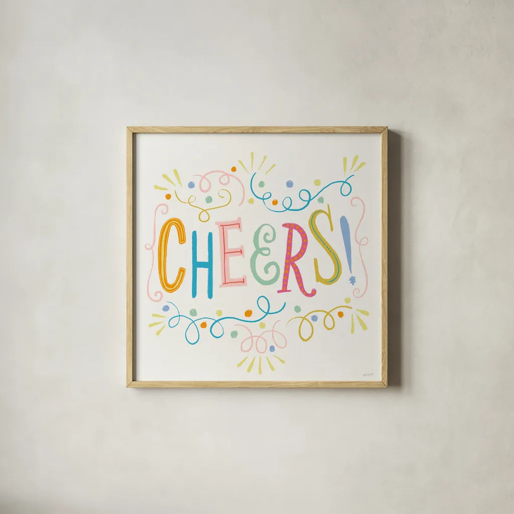 Lets Celebrate IX by Anne Tavoletti. Shown in a natural wood glass frame for a timeless modern aesthetic. Available as an archival giclee rolled canvas, fine art paper, or poster print. SKU 87996a.