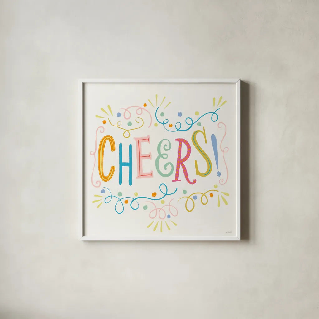 Lets Celebrate IX by Anne Tavoletti. Shown in a crisp white glass frame for a clean and minimalist style. Available as an archival giclee rolled canvas, fine art paper, or poster print. SKU 87996a.