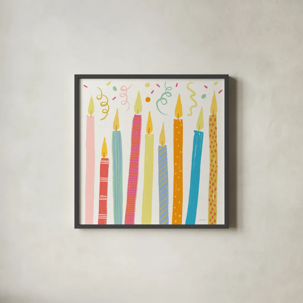 Lets Celebrate V by Anne Tavoletti. Shown in a sleek black glass frame for a contemporary gallery look. Available as an archival giclee rolled canvas, fine art paper, or poster print. SKU 87992a.