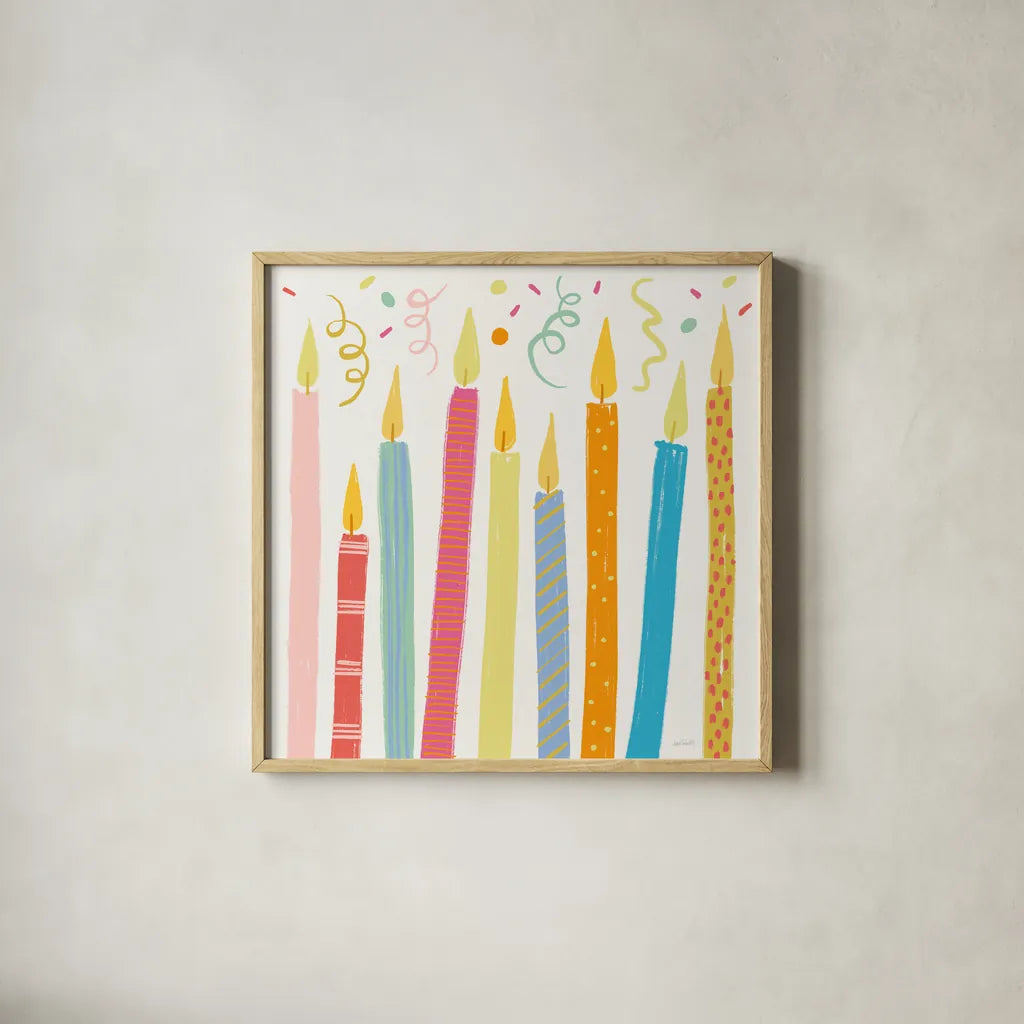 Lets Celebrate V by Anne Tavoletti. Shown in a natural wood glass frame for a timeless modern aesthetic. Available as an archival giclee rolled canvas, fine art paper, or poster print. SKU 87992a.