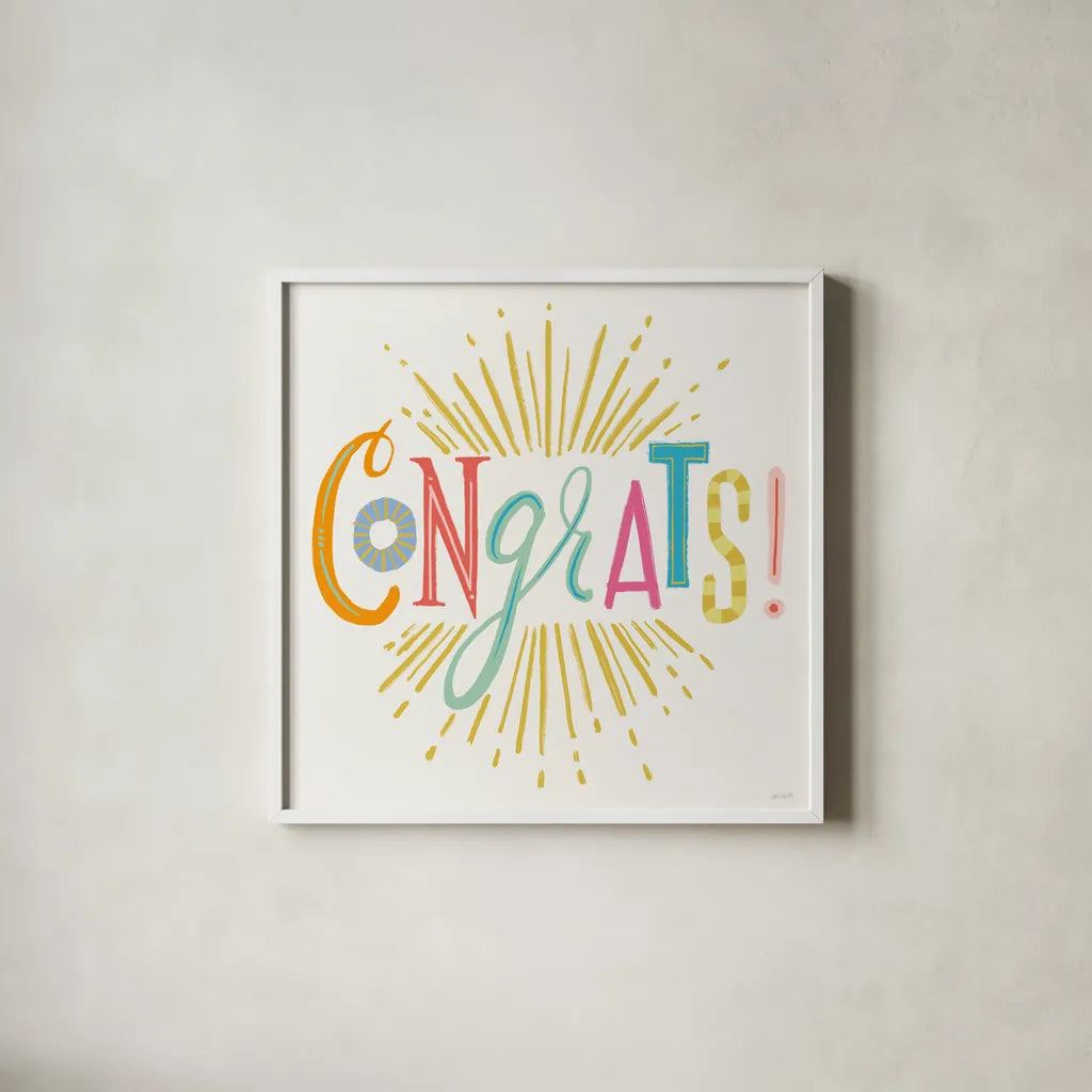 Lets Celebrate VI by Anne Tavoletti. Shown in a crisp white glass frame for a clean and minimalist style. Available as an archival giclee rolled canvas, fine art paper, or poster print. SKU 87993a.