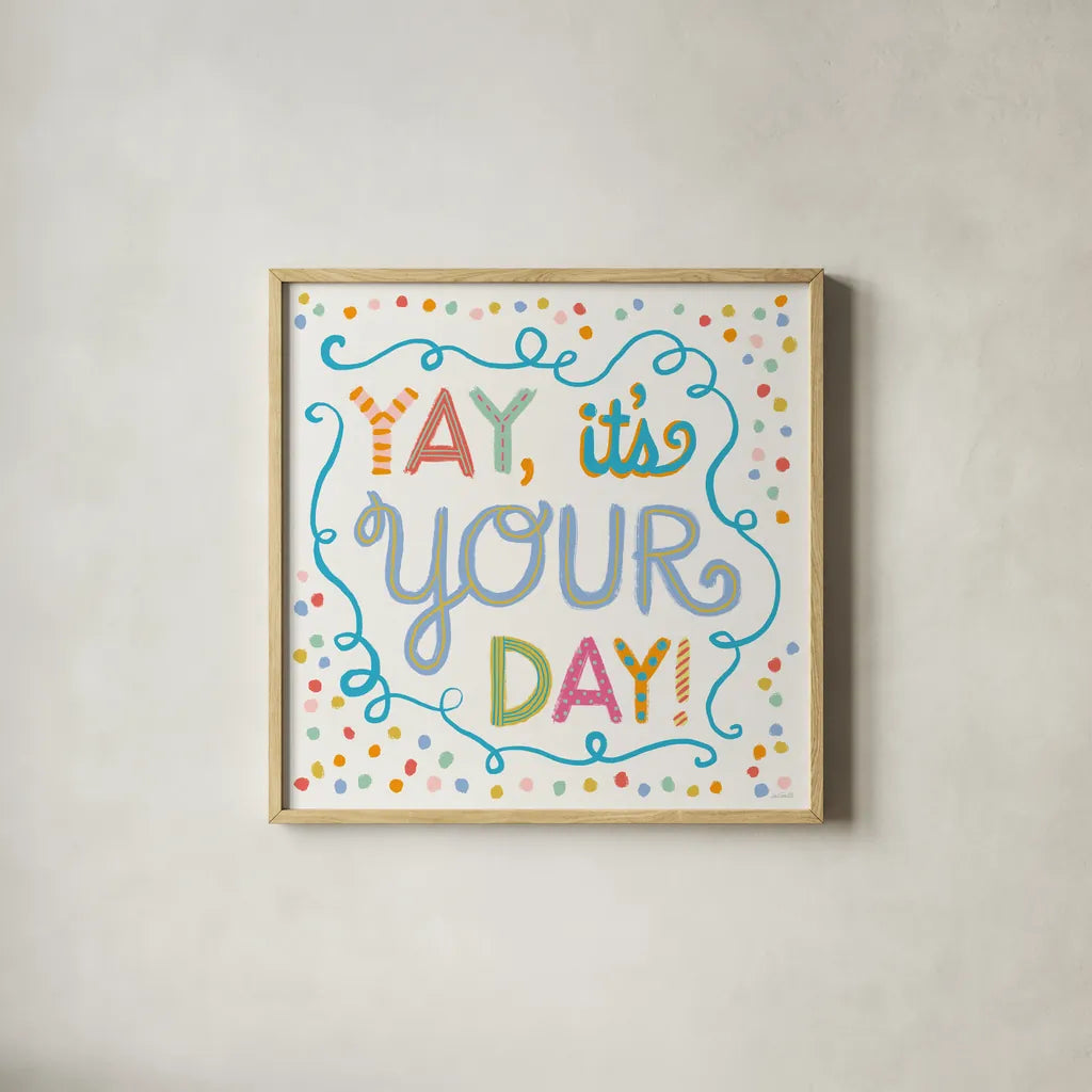 Lets Celebrate X by Anne Tavoletti. Shown in a natural wood glass frame for a timeless modern aesthetic. Available as an archival giclee rolled canvas, fine art paper, or poster print. SKU 87997a.