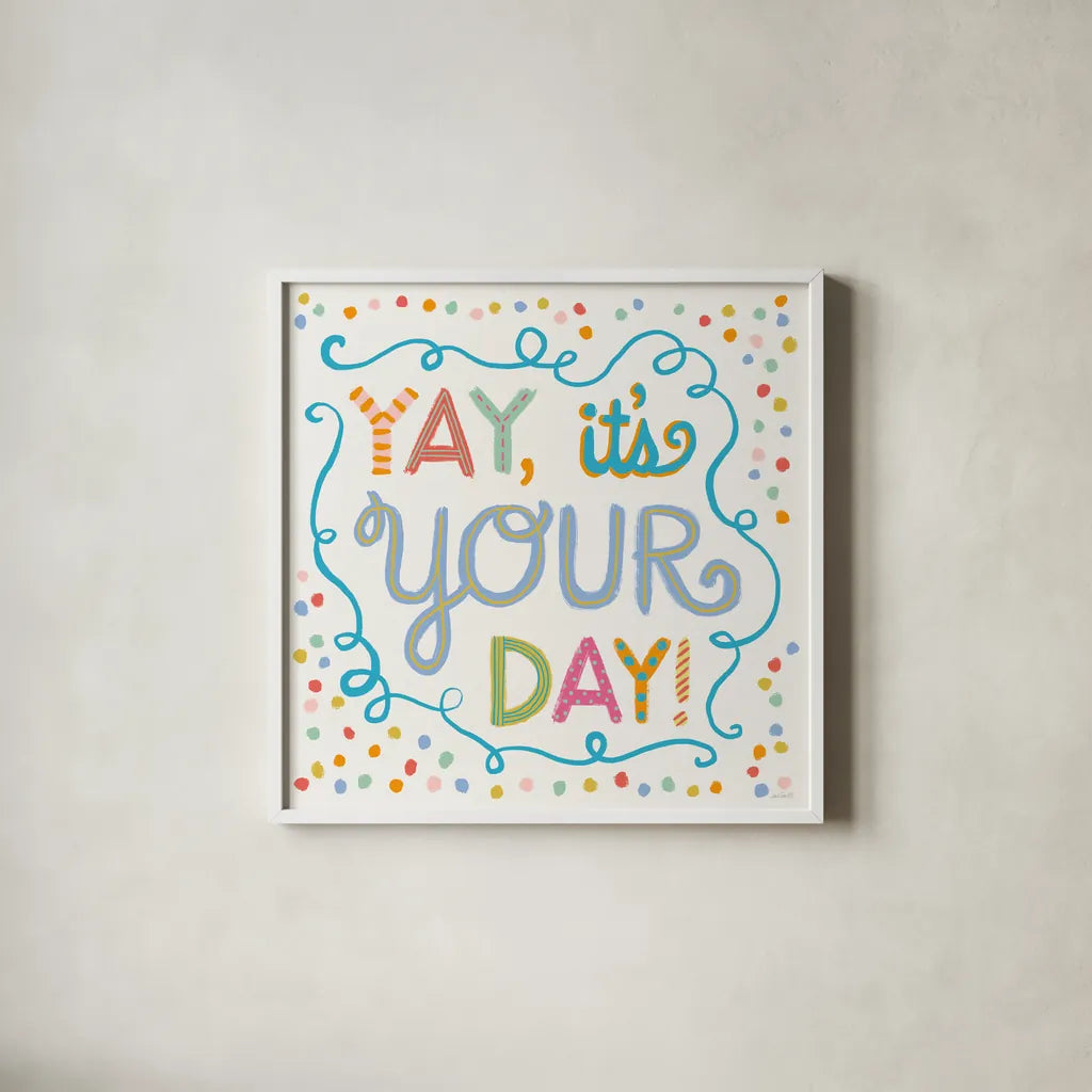 Lets Celebrate X by Anne Tavoletti. Shown in a crisp white glass frame for a clean and minimalist style. Available as an archival giclee rolled canvas, fine art paper, or poster print. SKU 87997a.