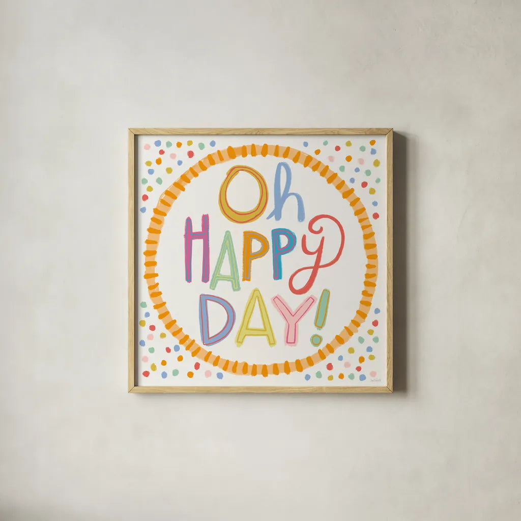 Lets Celebrate XI by Anne Tavoletti. Shown in a natural wood glass frame for a timeless modern aesthetic. Available as an archival giclee rolled canvas, fine art paper, or poster print. SKU 87998a.