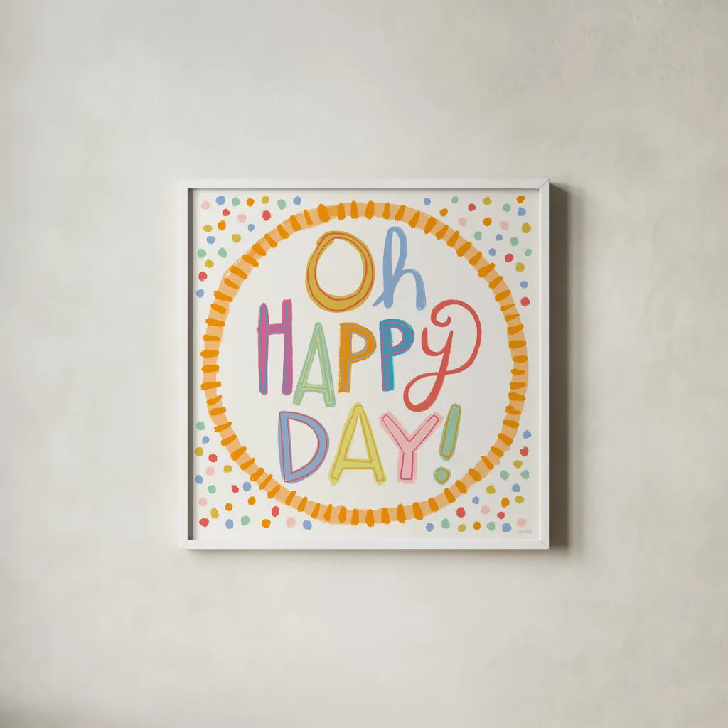 Lets Celebrate XI by Anne Tavoletti. Shown in a crisp white glass frame for a clean and minimalist style. Available as an archival giclee rolled canvas, fine art paper, or poster print. SKU 87998a.