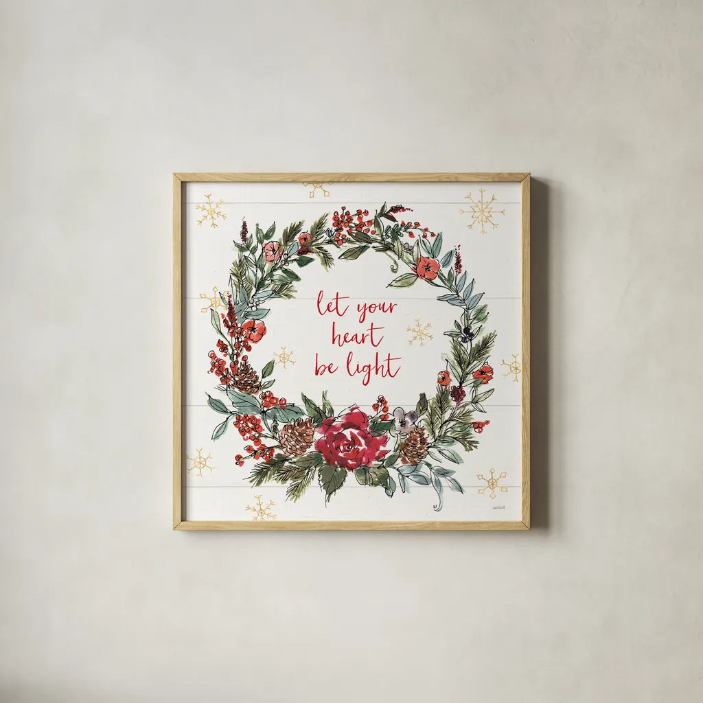 Lighthearted Holiday IV by Anne Tavoletti. Shown in a natural wood glass frame for a timeless modern aesthetic. Available as an archival giclee rolled canvas, fine art paper, or poster print. SKU 60675a.