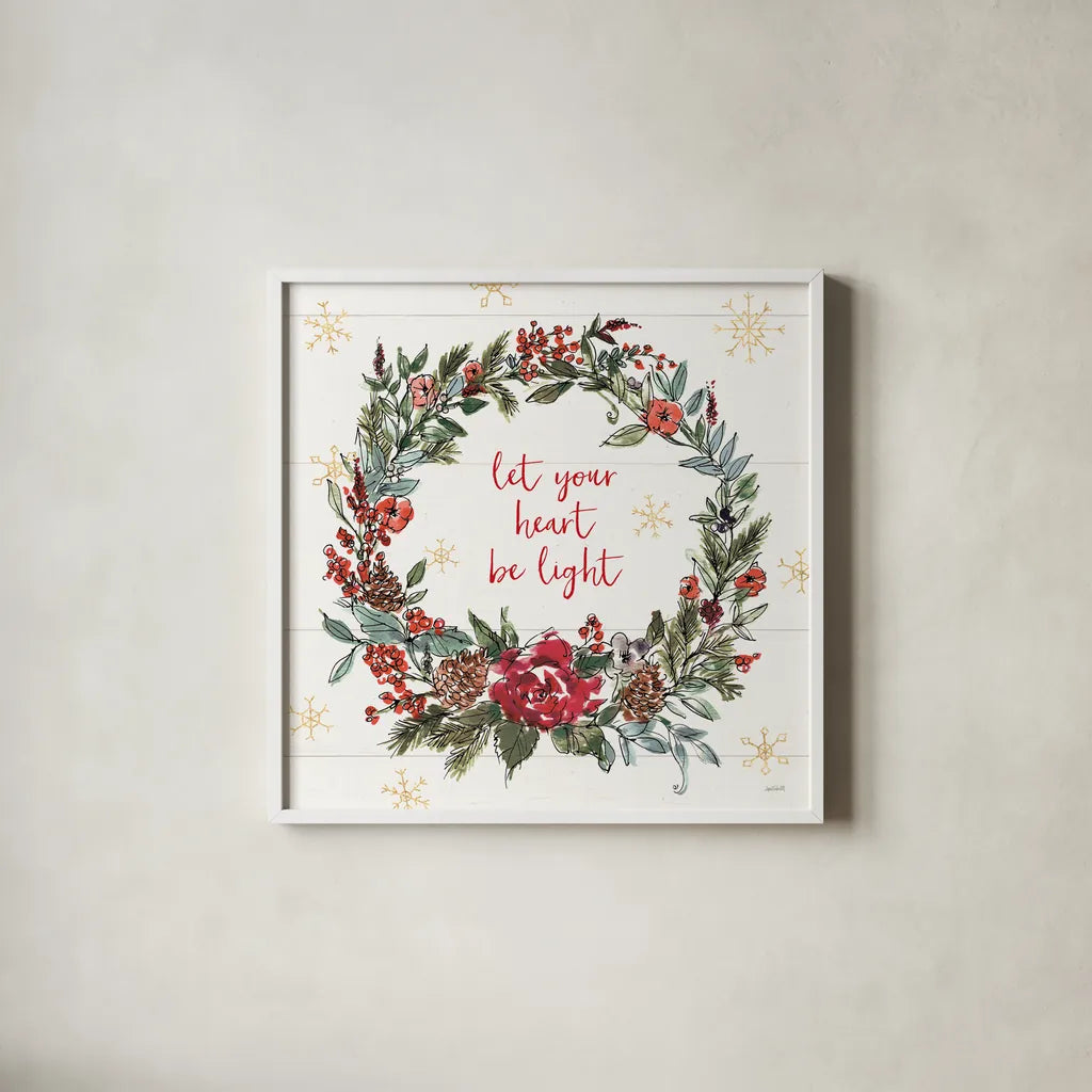 Lighthearted Holiday IV by Anne Tavoletti. Shown in a crisp white glass frame for a clean and minimalist style. Available as an archival giclee rolled canvas, fine art paper, or poster print. SKU 60675a.