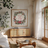 Lighthearted Holiday IV by Anne Tavoletti. Shown in a natural wood frame in a cozy modern living room. Available as an archival giclee rolled canvas, fine art paper, or poster print. SKU 60675a.