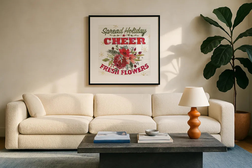 Lighthearted Holiday VI by Anne Tavoletti. Displayed in a glass frame with matte in a clean modern living room. Available as an archival giclee rolled canvas, fine art paper, or poster print. SKU 60677a.
