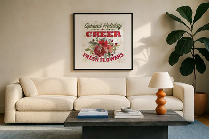 Lighthearted Holiday VI by Anne Tavoletti. Displayed in a glass frame with matte in a clean modern living room. Available as an archival giclee rolled canvas, fine art paper, or poster print. SKU 60677a.