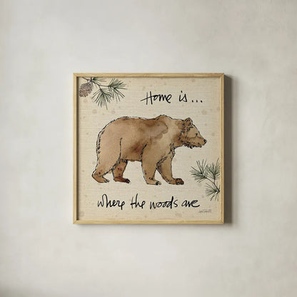 Lodge Life I by Anne Tavoletti. Shown in a natural wood glass frame for a timeless modern aesthetic. Available as an archival giclee rolled canvas, fine art paper, or poster print. SKU 18551a.