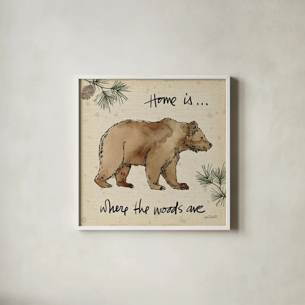 Lodge Life I by Anne Tavoletti. Shown in a crisp white glass frame for a clean and minimalist style. Available as an archival giclee rolled canvas, fine art paper, or poster print. SKU 18551a.