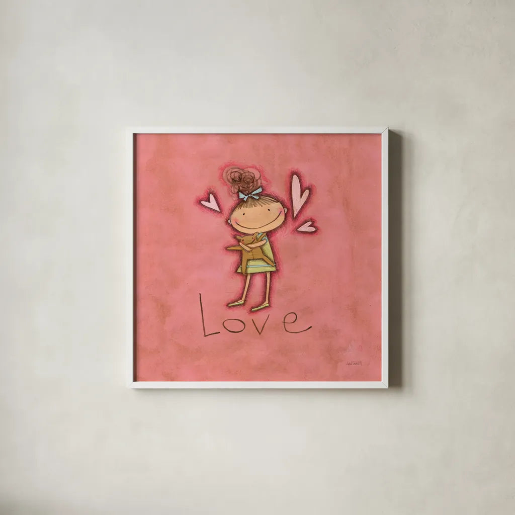 Love by Anne Tavoletti. Shown in a crisp white glass frame for a clean and minimalist style. Available as an archival giclee rolled canvas, fine art paper, or poster print. SKU 10799a.