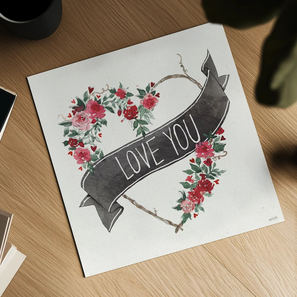 Love You I Black Banner by Anne Tavoletti. Shown as a detailed flat fine art print, highlighting archival giclee quality. Available as an archival giclee rolled canvas, fine art paper, or poster print. SKU 70515a.