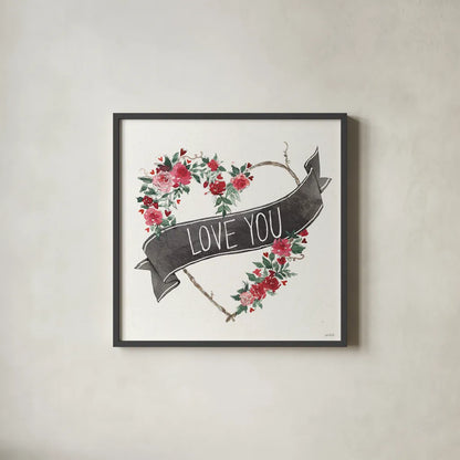Love You I Black Banner by Anne Tavoletti. Shown in a sleek black glass frame for a contemporary gallery look. Available as an archival giclee rolled canvas, fine art paper, or poster print. SKU 70515a.