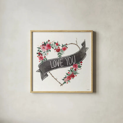 Love You I Black Banner by Anne Tavoletti. Shown in a natural wood glass frame for a timeless modern aesthetic. Available as an archival giclee rolled canvas, fine art paper, or poster print. SKU 70515a.