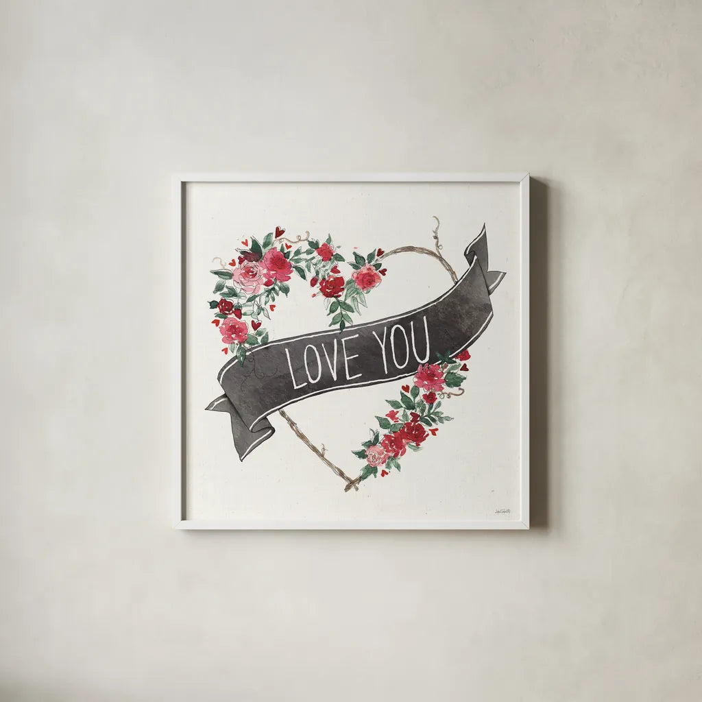 Love You I Black Banner by Anne Tavoletti. Shown in a crisp white glass frame for a clean and minimalist style. Available as an archival giclee rolled canvas, fine art paper, or poster print. SKU 70515a.