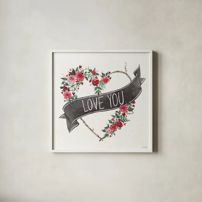 Love You I Black Banner by Anne Tavoletti. Shown in a crisp white glass frame for a clean and minimalist style. Available as an archival giclee rolled canvas, fine art paper, or poster print. SKU 70515a.