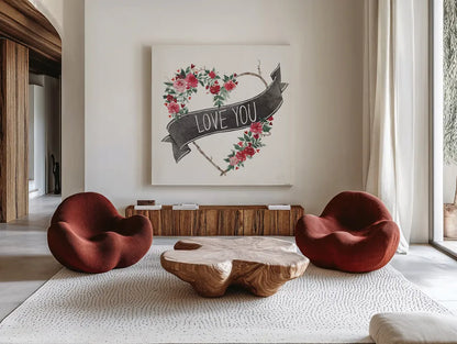 Love You I Black Banner by Anne Tavoletti. Shown as extra-large giant wall art in a modern living room. Available as an archival giclee rolled canvas, fine art paper, or poster print. SKU 70515a.